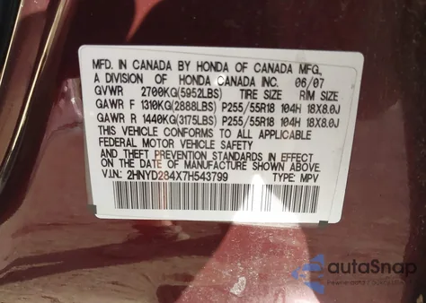 2007 Acura Mdx Technology Package z USA, uszkodzony, nr VIN 2HNYD284X7H543799